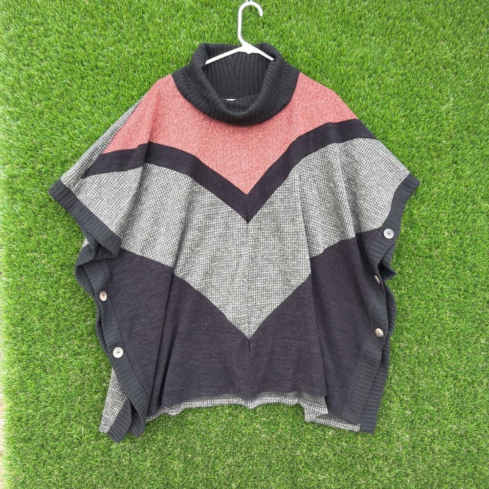 ZOE Womens Striped Turtleneck Poncho Sweater Cowl Buttons Black Coral Grey XL‎